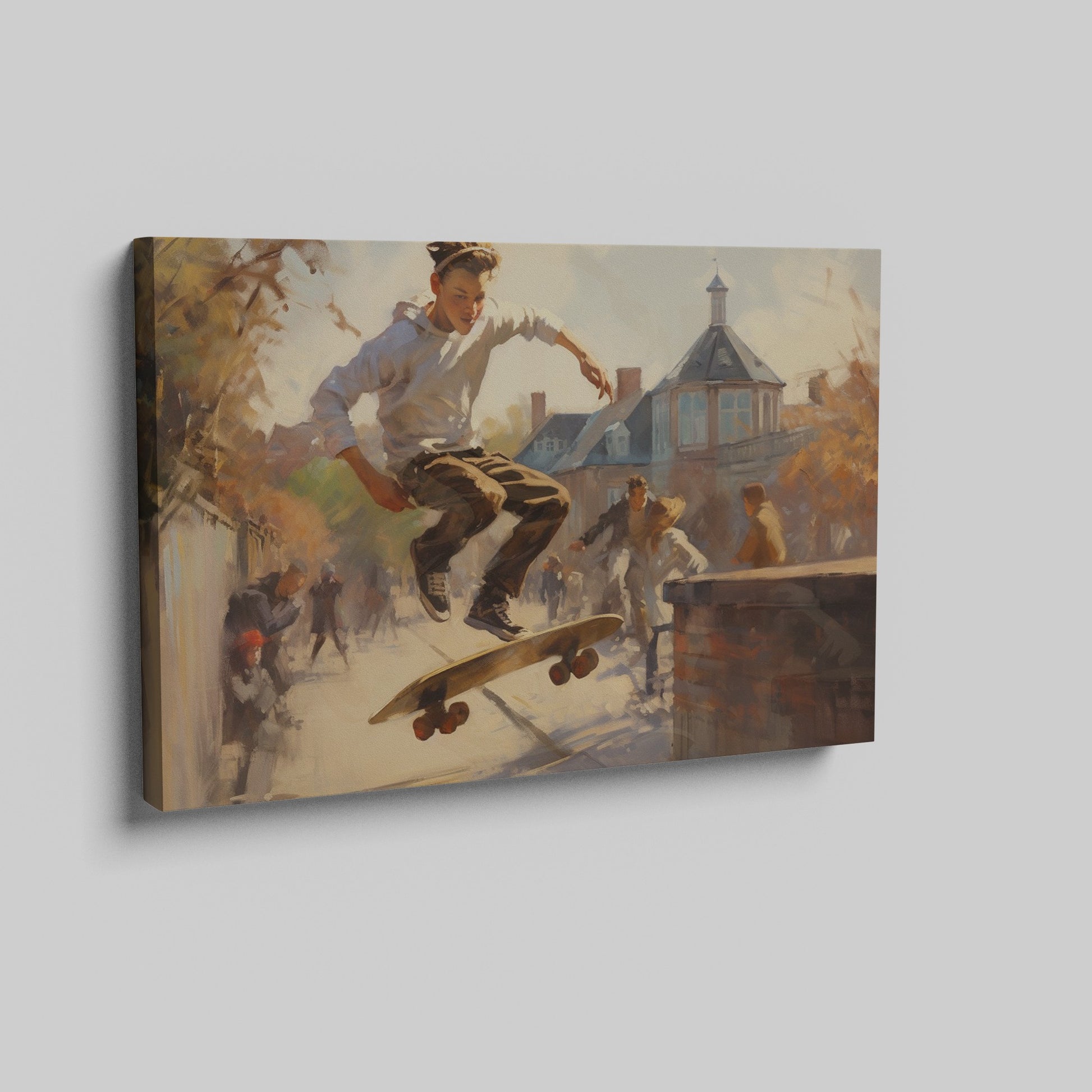 Framed canvas print of an impressionist urban scene with a skateboarder performing a trick in sunlight