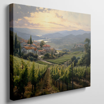 Framed canvas print of a Tuscan vineyard at sunset with warm golden hues and terracotta houses