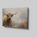 Framed canvas print of a majestic Highland Cow in a foggy autumnal landscape with warm earthy tones