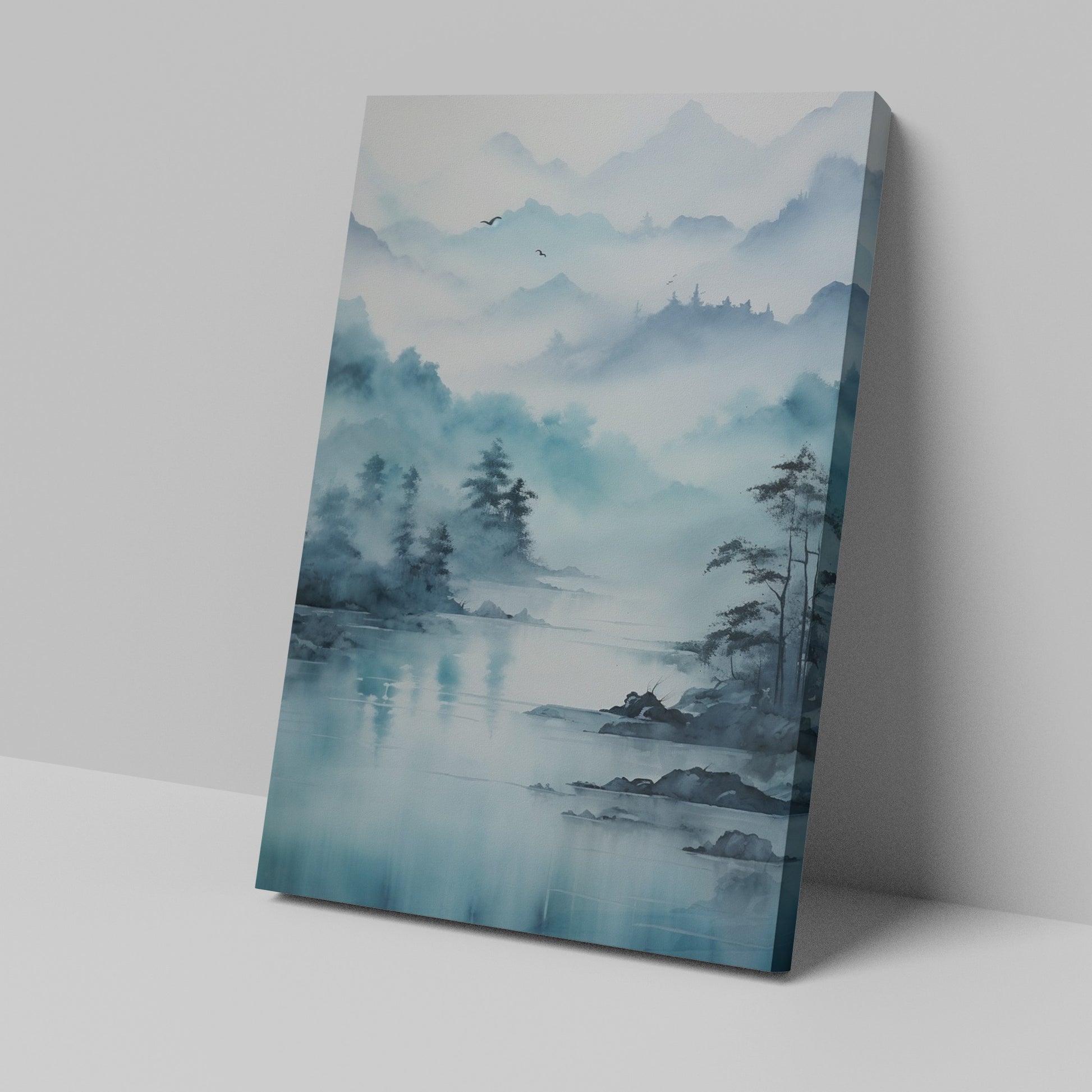 Framed canvas print of a tranquil watercolour landscape with misty blue mountains and serene lake