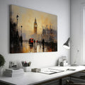 Framed canvas print of London's Big Ben and red buses in an abstract impressionist style with warm golden colours