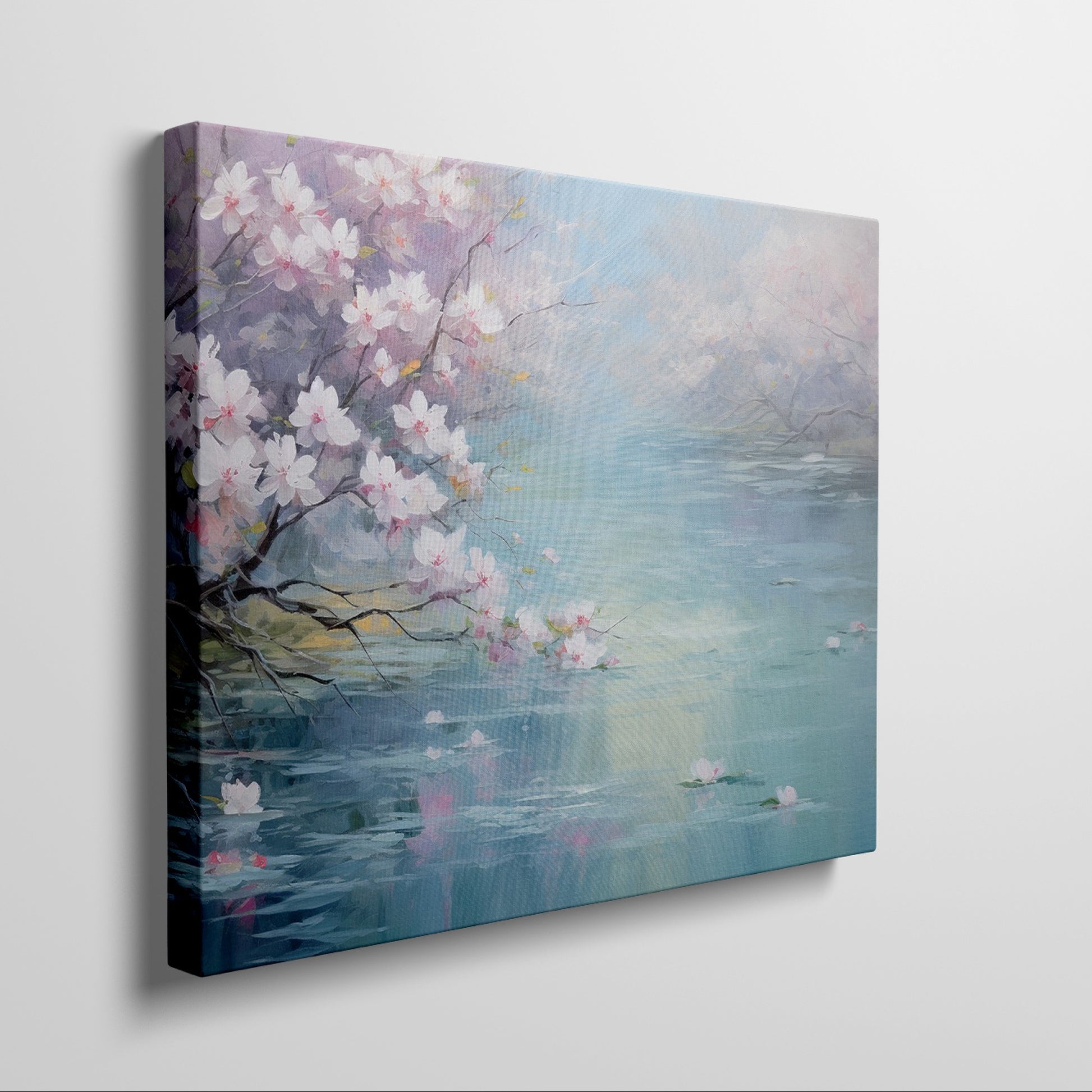 Framed canvas print of a serene landscape with cherry blossoms over tranquil waters