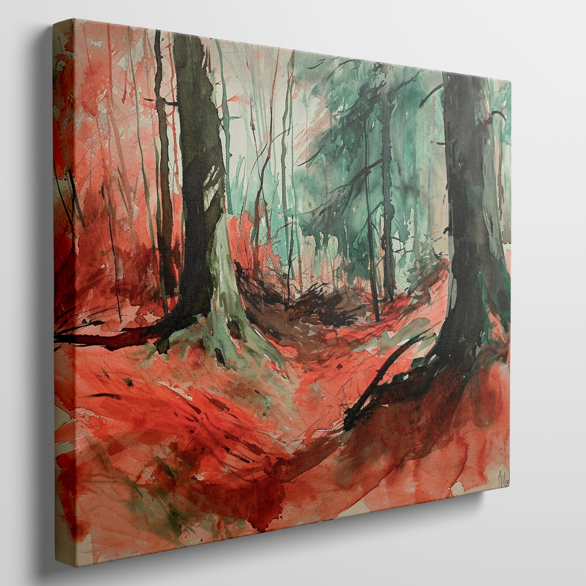 Framed canvas print of an abstract watercolour forest in vibrant red and green hues