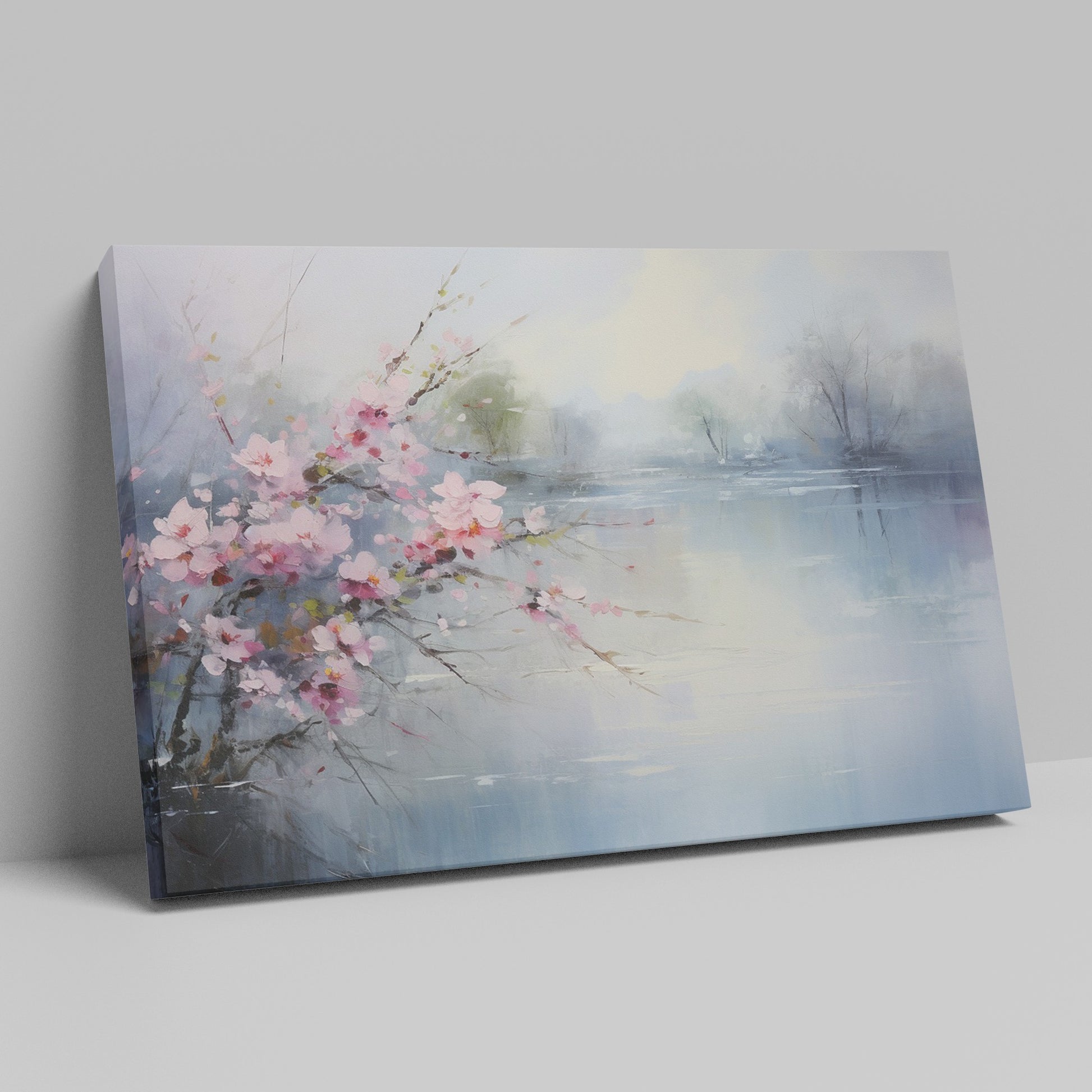 Framed canvas print of impressionist cherry blossoms overlooking a tranquil lake