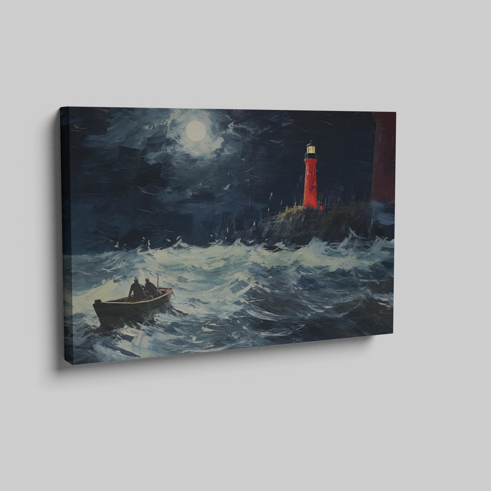 Framed canvas print of a stormy night seascape, with a red lighthouse and sailing boat under a moonlit sky