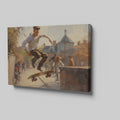 Framed canvas print of an impressionist urban scene with a skateboarder performing a trick in sunlight