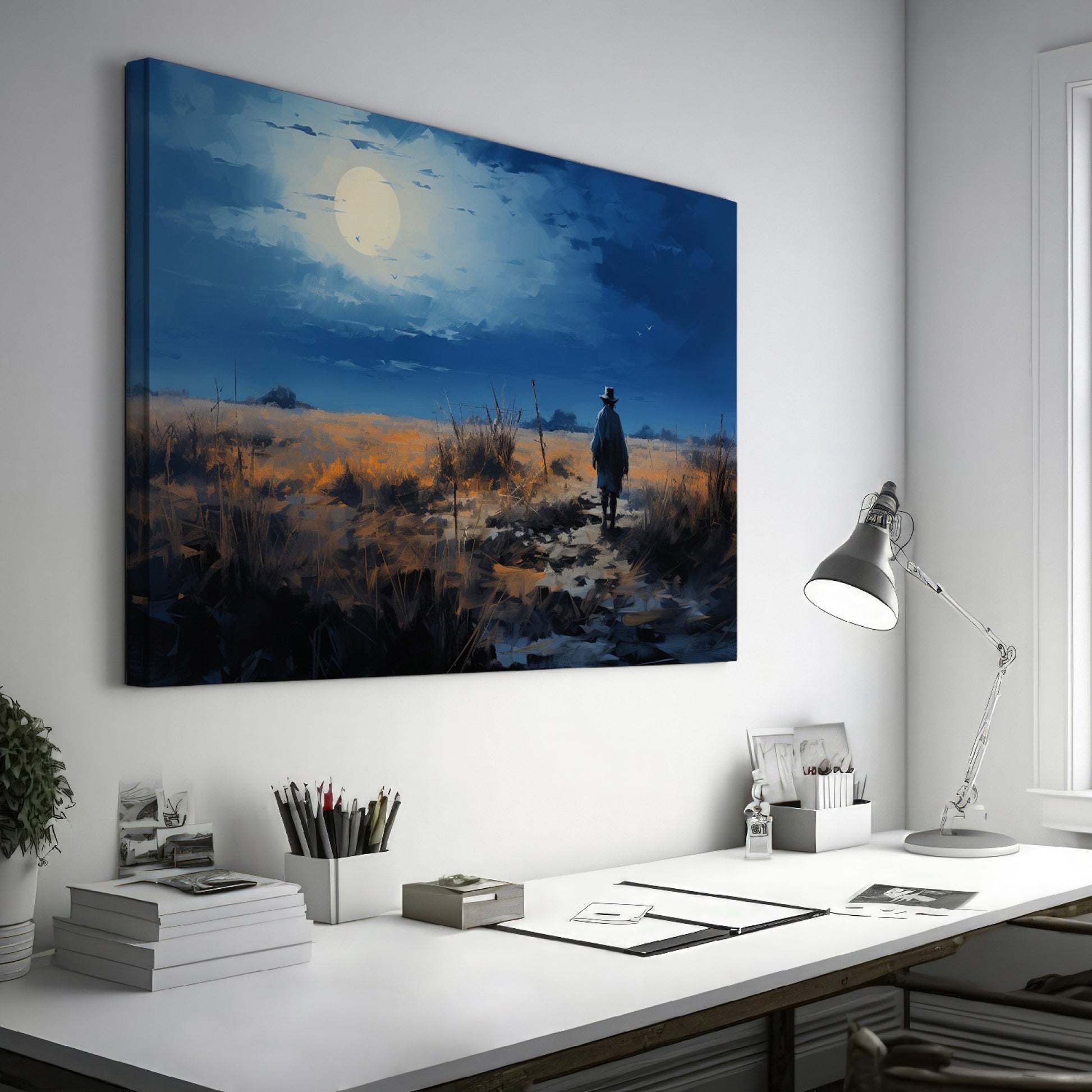 Framed canvas print of a digital painting featuring a cowboy silhouette against a vibrant sunset landscape