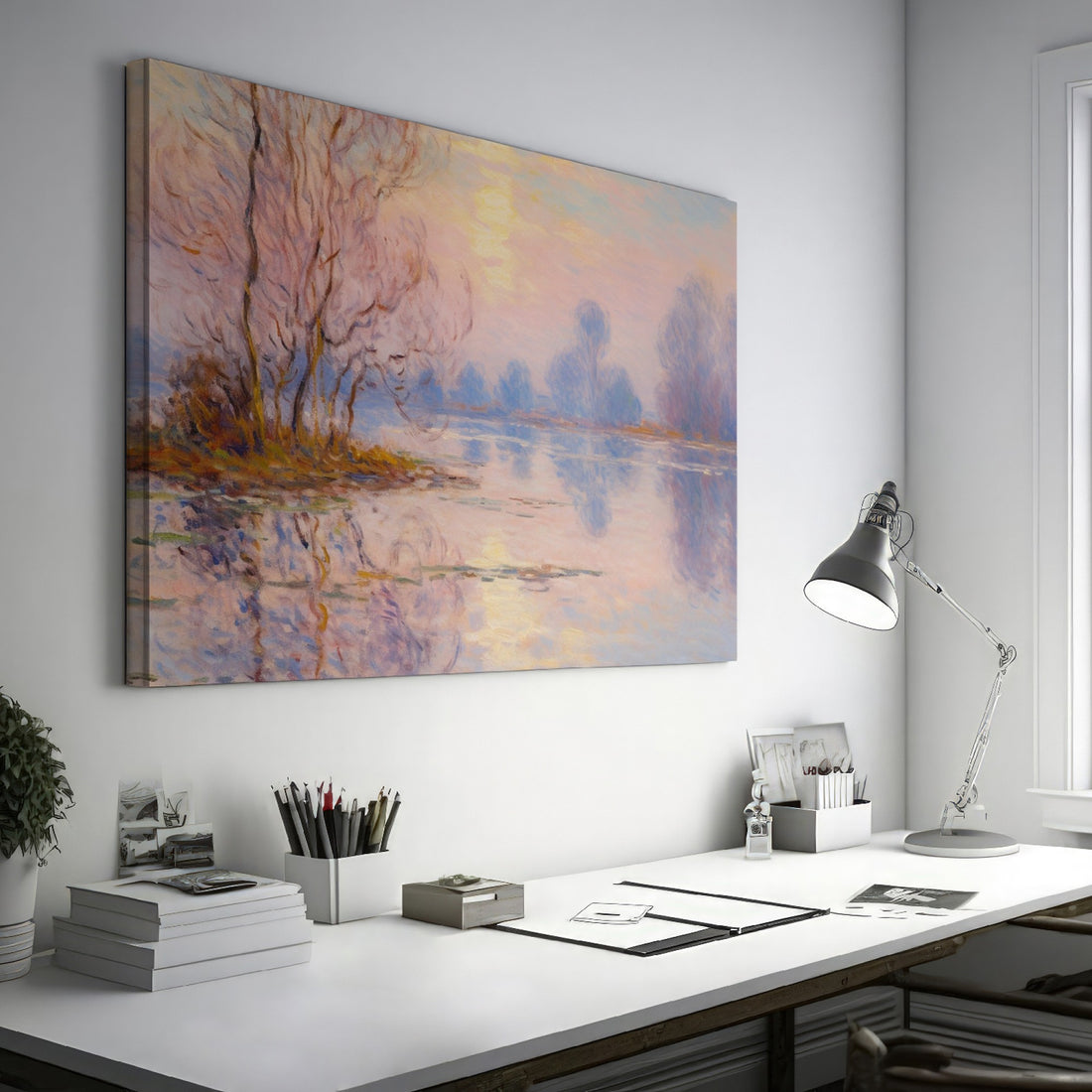 Impressionist painting of a river landscape with trees and sunset reflections