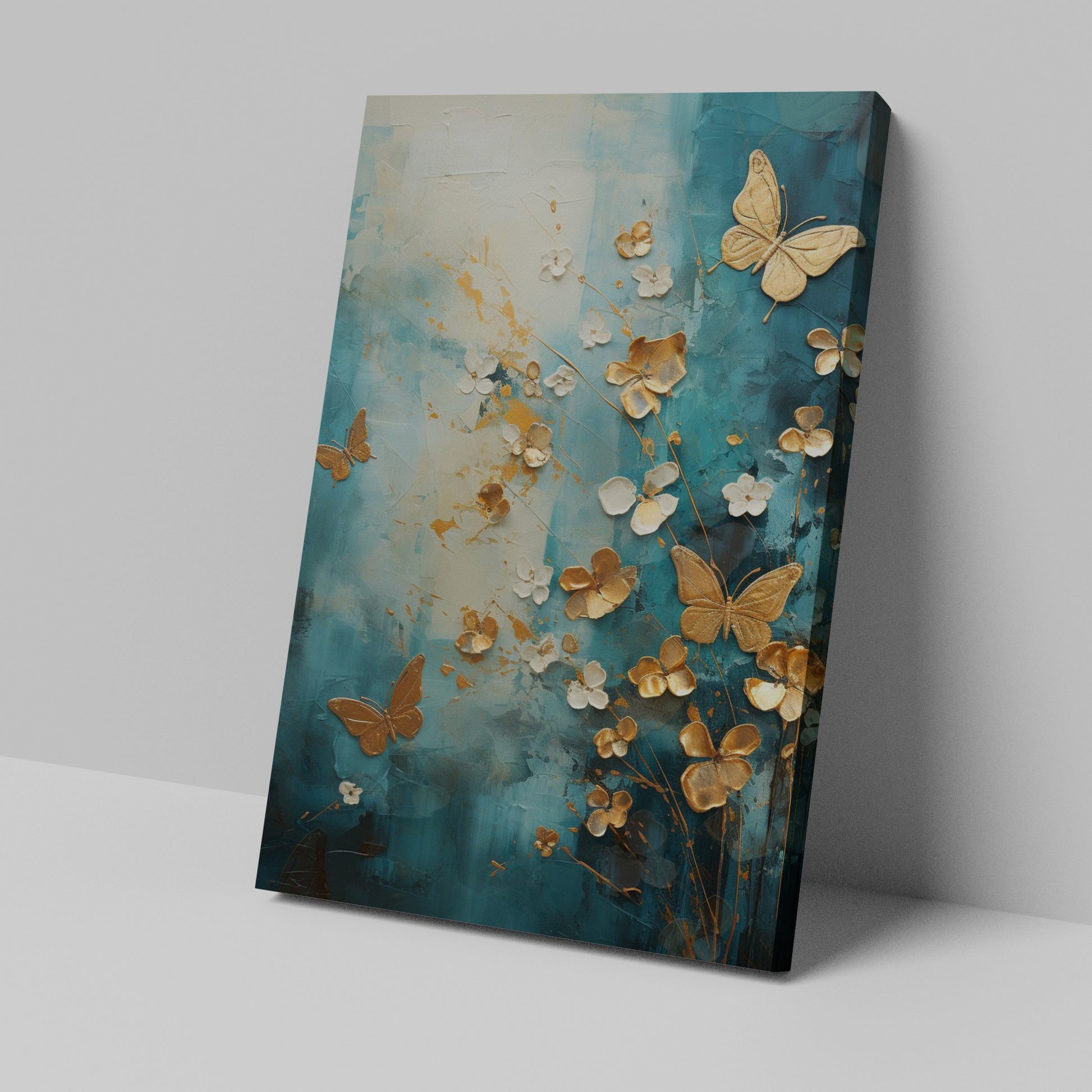 Framed canvas print of abstract painting with butterflies and flowers in gold on a teal background