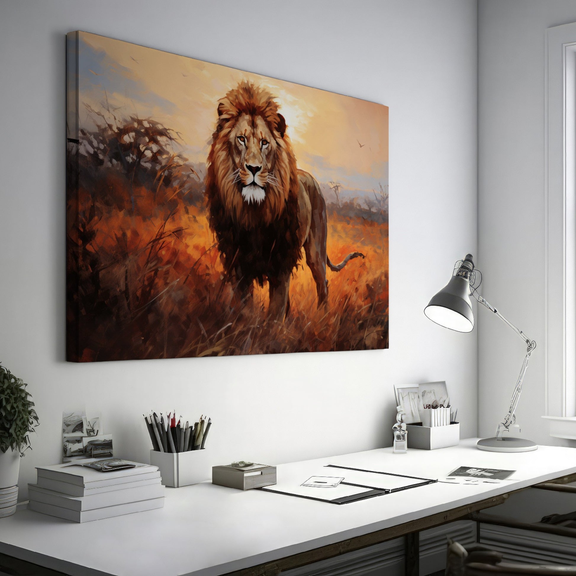 Framed canvas print of a majestic lion against a sunset on the savannah