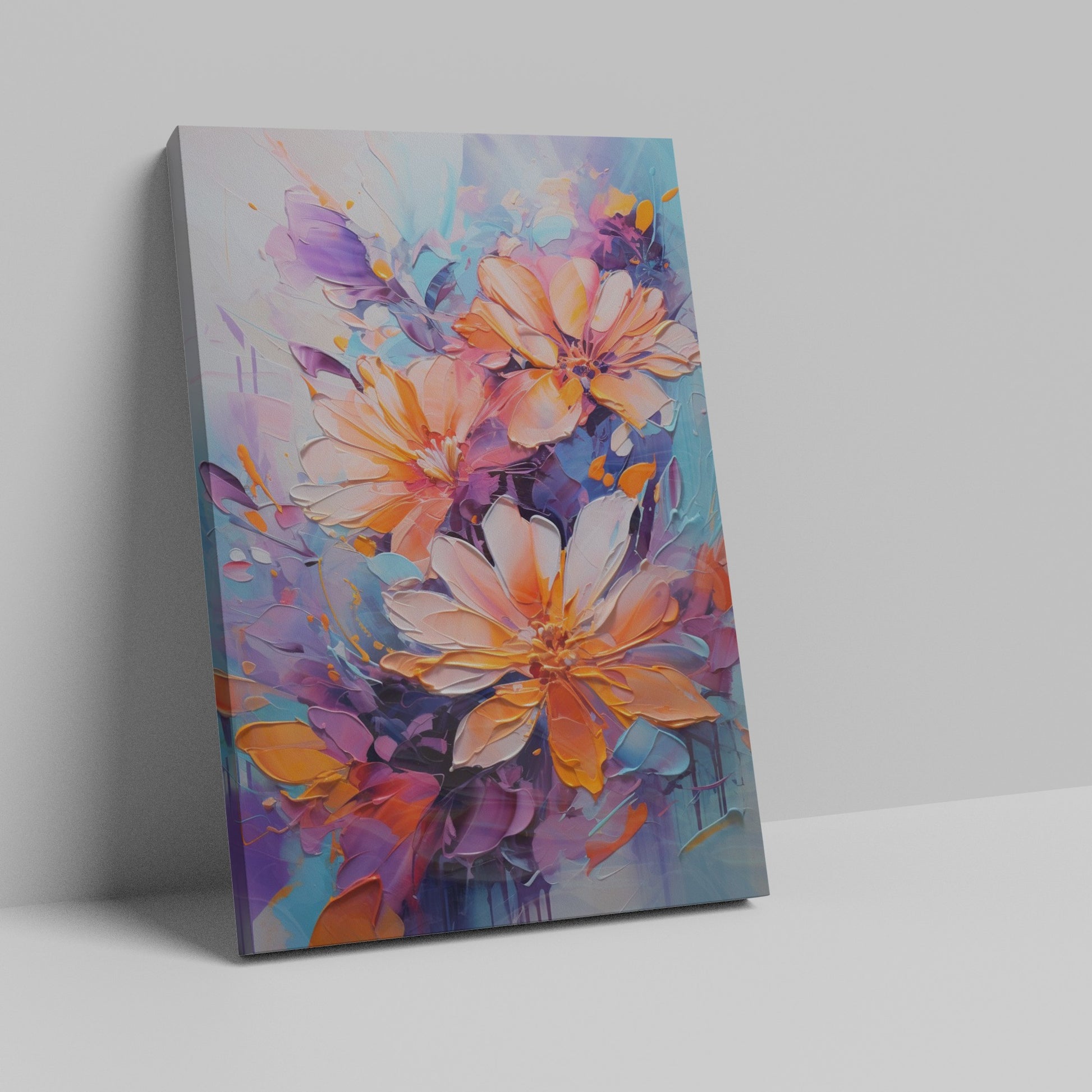 Framed canvas print of vibrant, textured impasto flowers in bright orange, purple, and blue hues