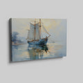 Framed canvas print of tranquil dawn light with an elegant sailing ship reflecting in the ocean