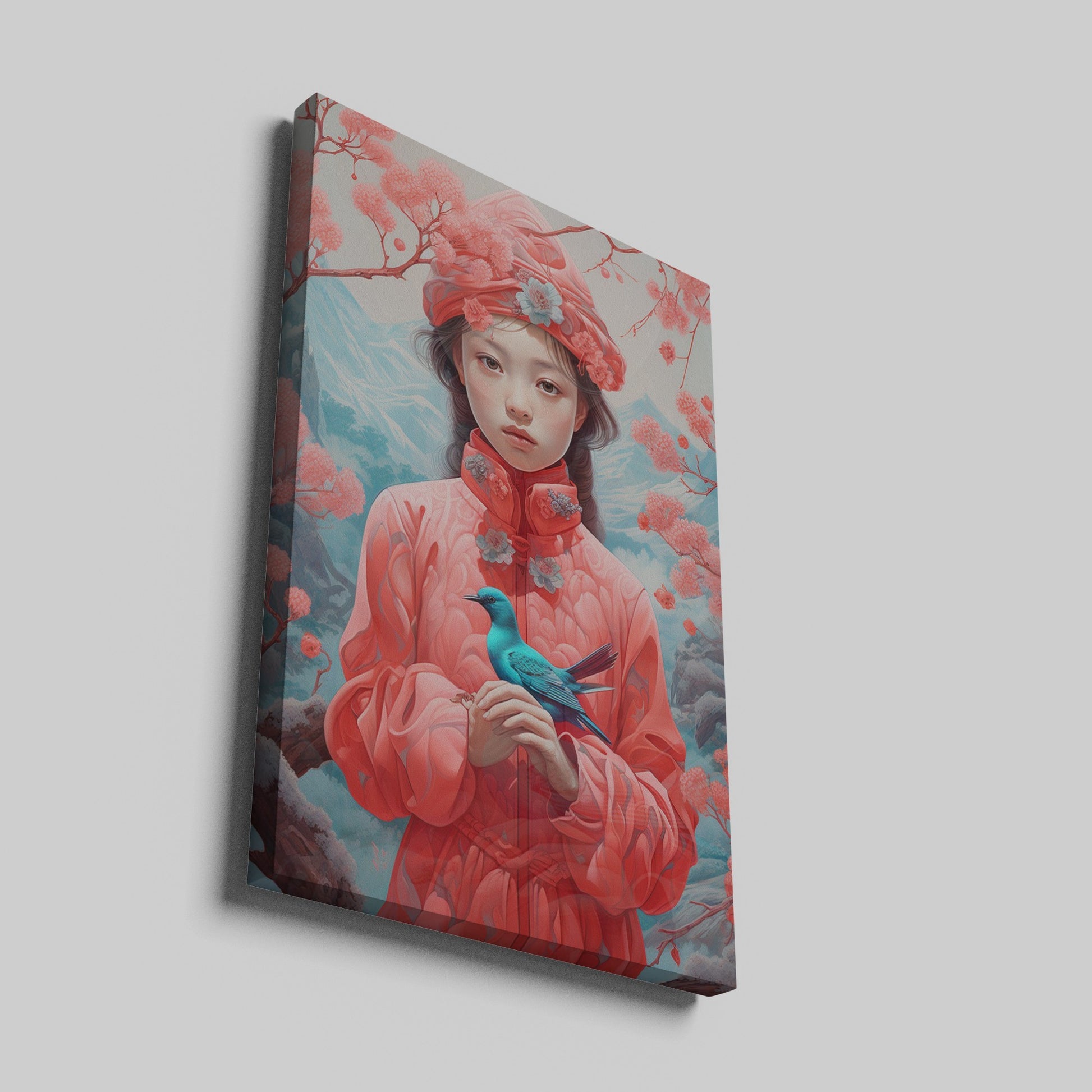 Framed canvas print of an Oriental girl in traditional pink attire with a blue bird and cherry blossoms