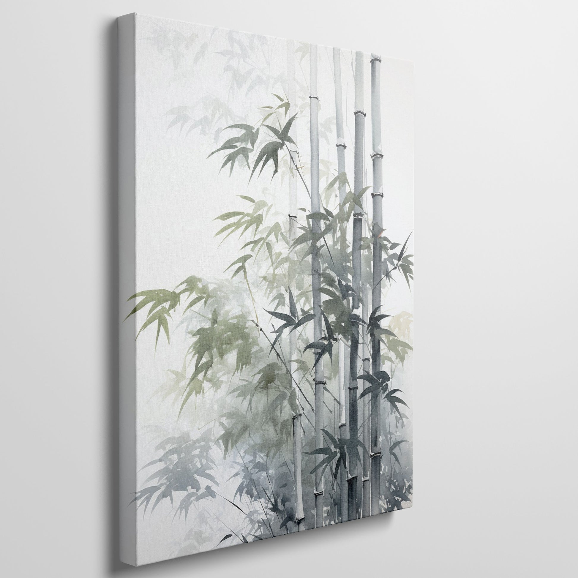 Framed canvas print of serene bamboo in ink wash style with subtle green and grey tones