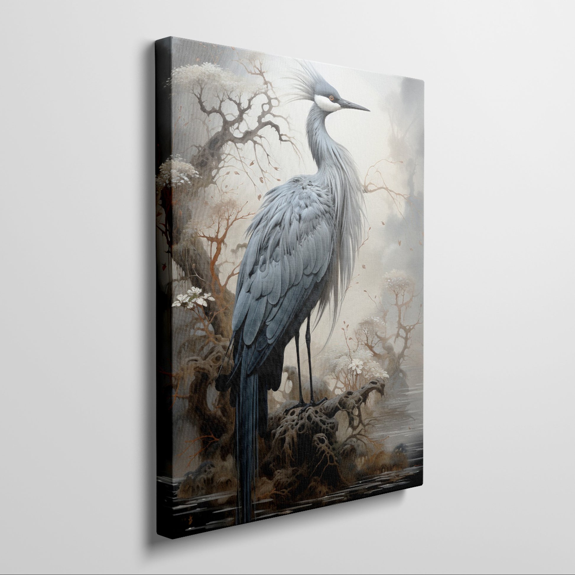 Framed canvas print of a heron standing in a mystical foggy landscape with autumnal trees