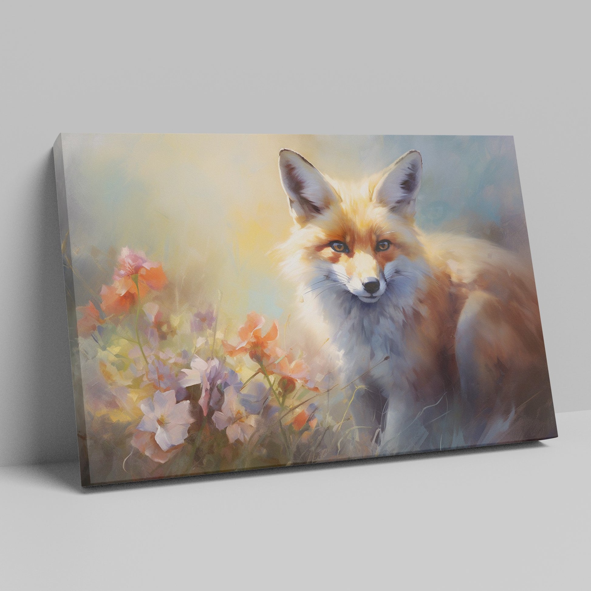 Framed canvas print of a majestic fox among vibrant wildflowers, with warm and impressionistic tones