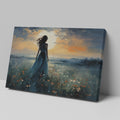 Framed canvas print of a figure in a meadow at sunset with dramatic sky and expressive brushstrokes