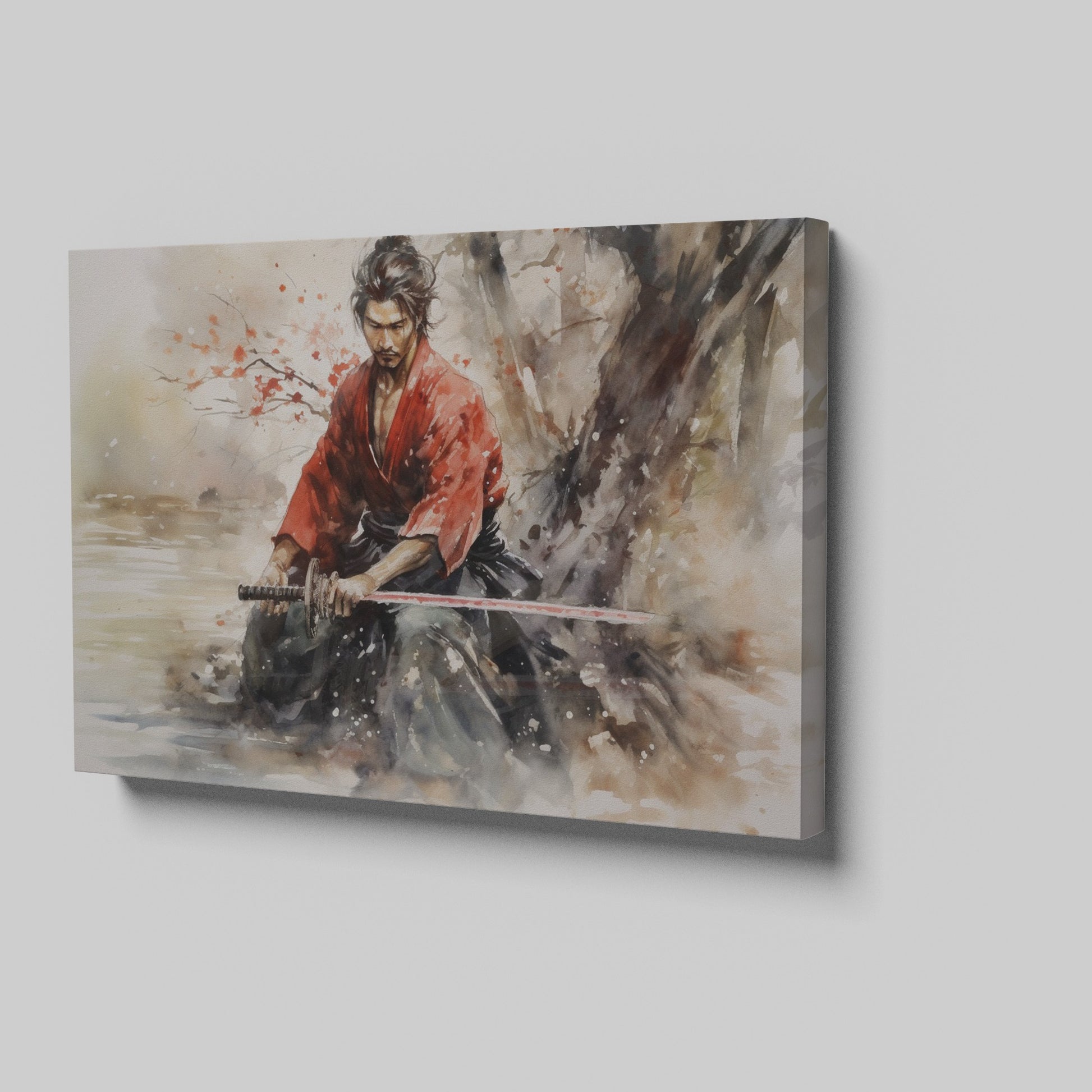 Framed canvas print of a Samurai warrior in red kimono with sword