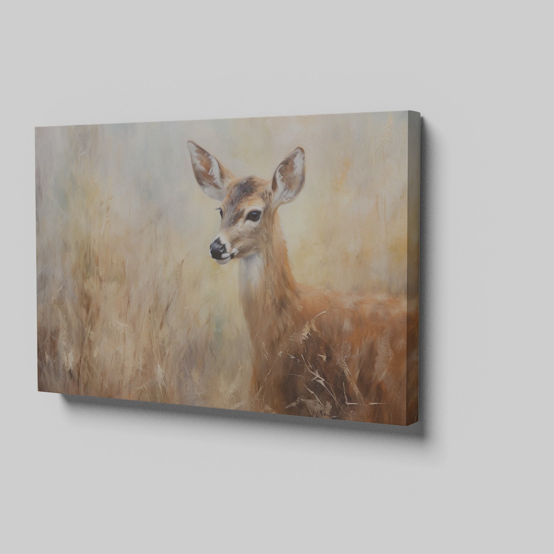 Framed canvas print of an impressionist painting of a deer with warm earthy tones