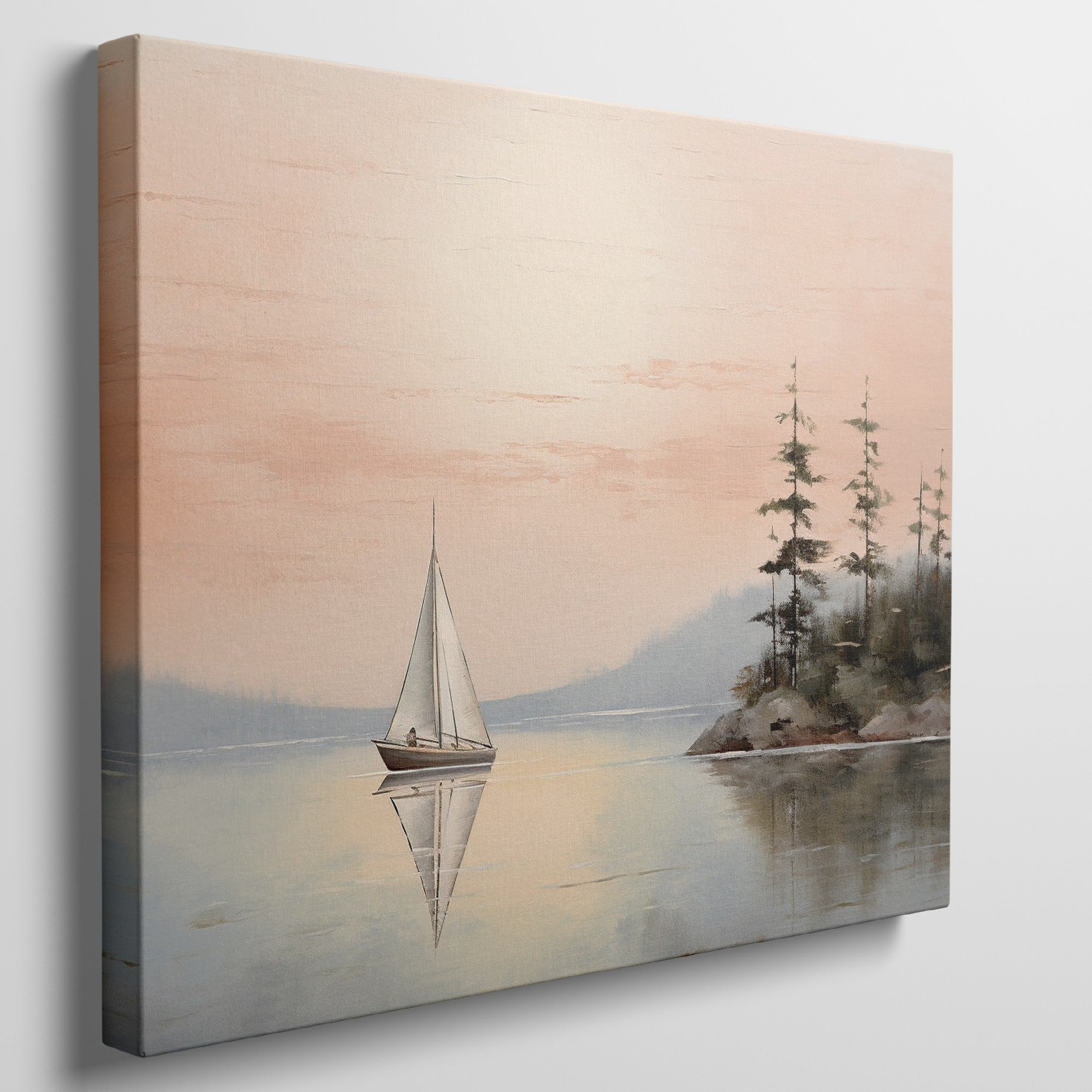 Peaceful landscape painting of a sailboat on a mirror-like lake with orange sky and pine trees