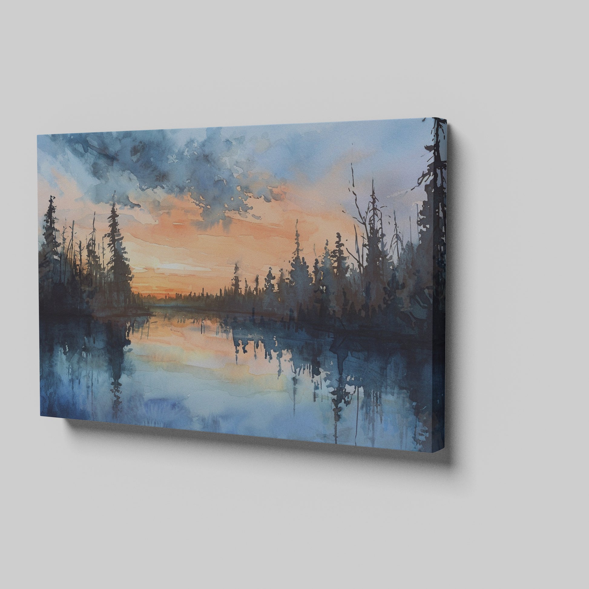 Framed canvas print of a tranquil watercolor landscape depicting a serene lakeside at sunset with reflections of woodland