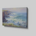 Framed canvas print of a vibrant impressionist seascape with cliffs and ocean waves