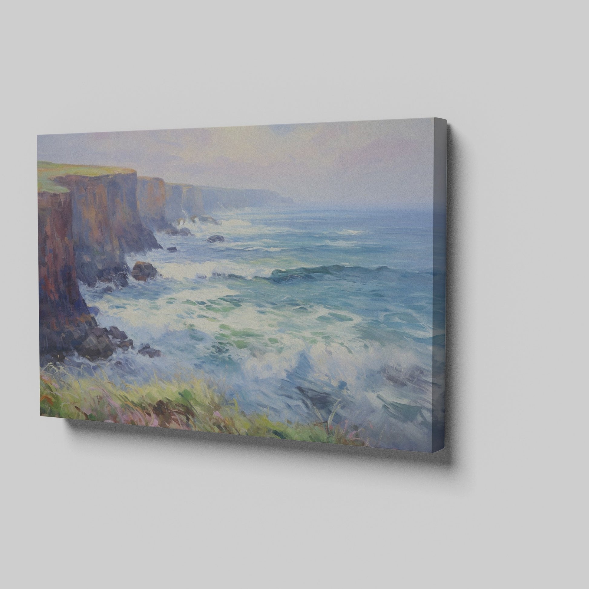 Framed canvas print of a vibrant impressionist seascape with cliffs and ocean waves