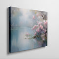 Framed canvas print of a tranquil lakeside scene with cherry blossoms and misty atmosphere