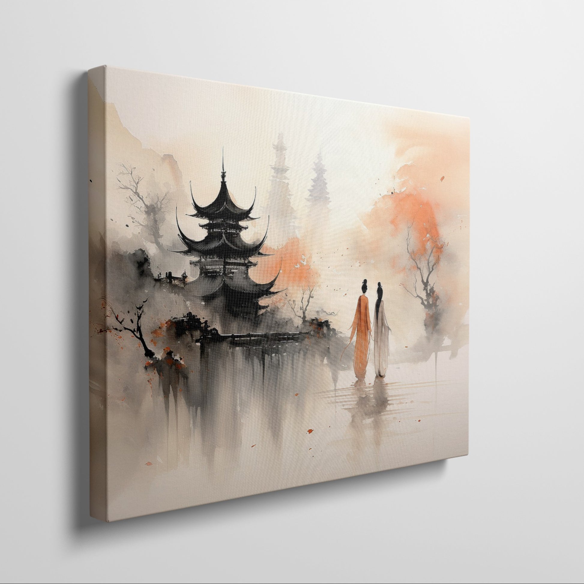 Framed canvas print of Oriental pagoda and autumn reflection with silhouetted figures in mist