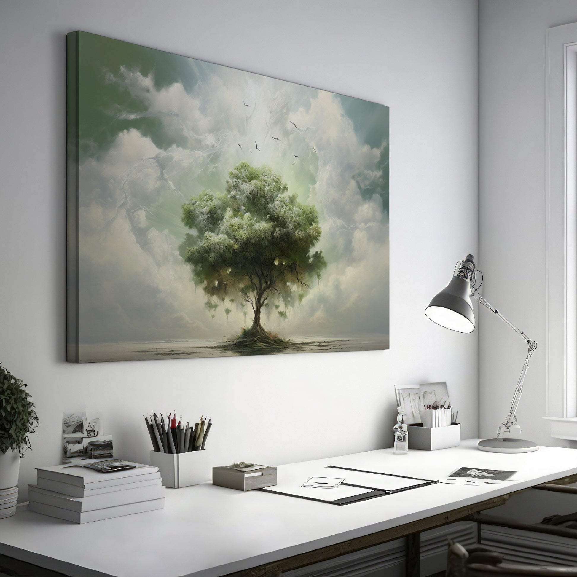 Framed canvas print of a surreal tree floating above a calm lake with birds and ethereal clouds