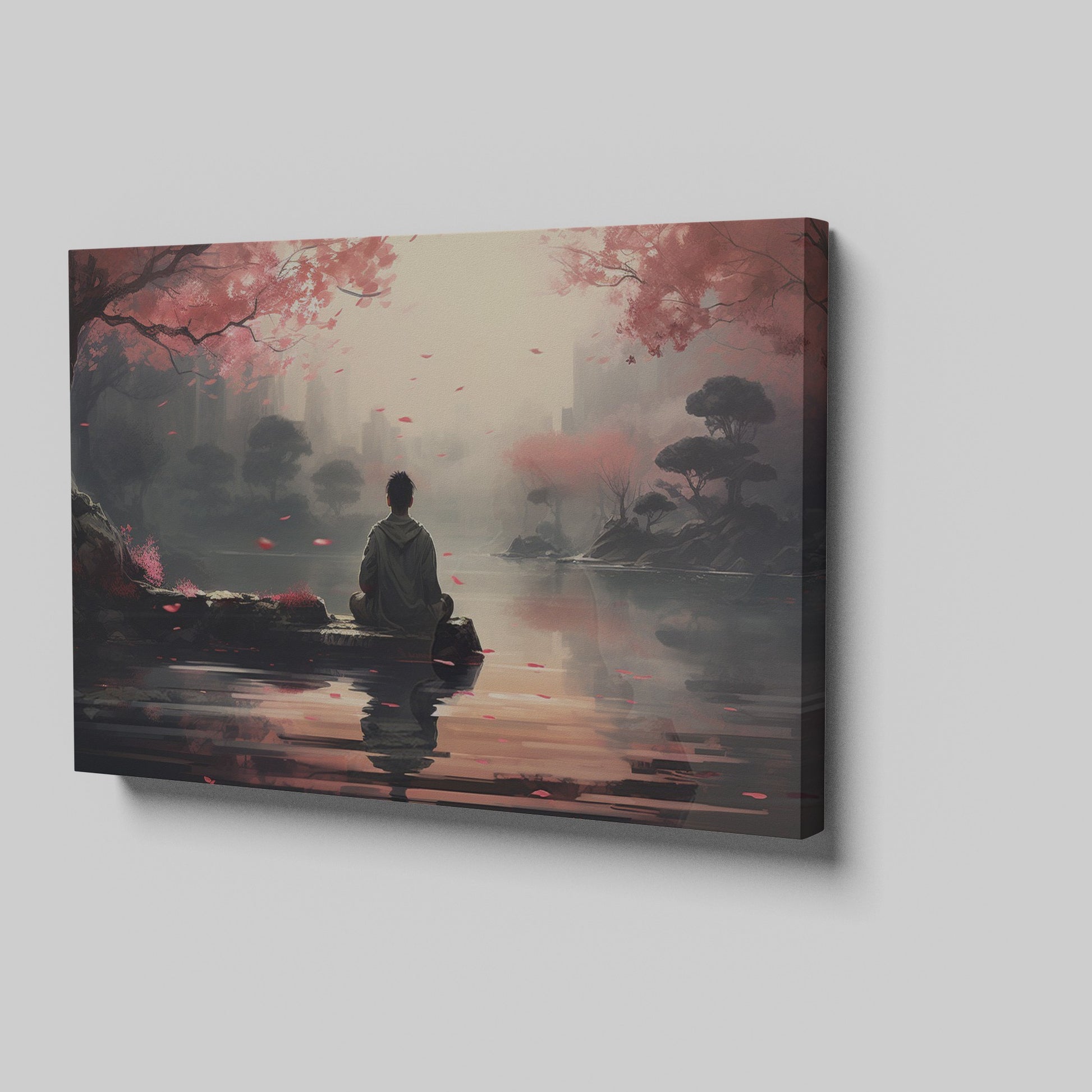 Framed canvas print of a serene digital painting with a figure sitting near water, reflecting cherry blossoms and a city silhouette