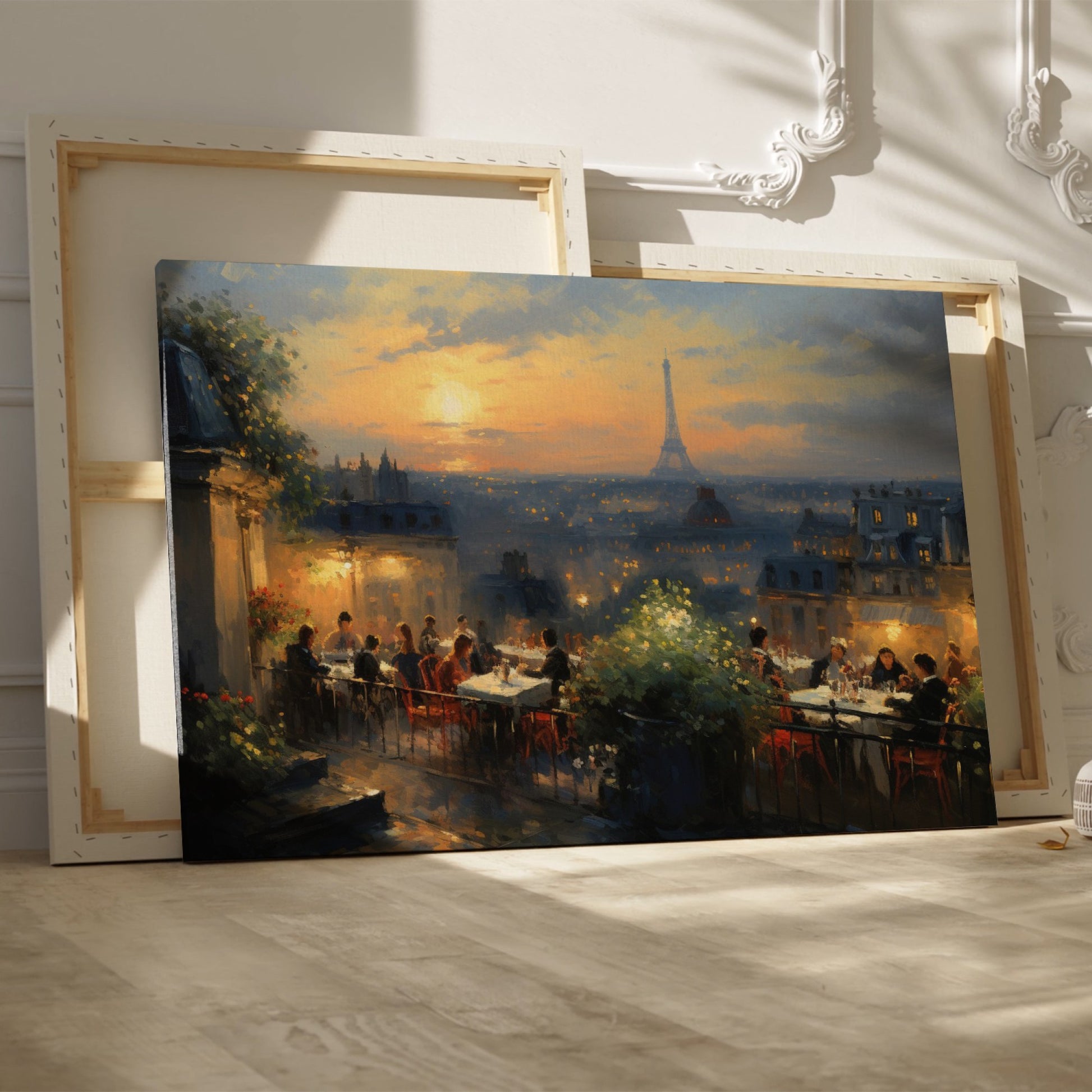 Framed canvas print of a Parisian sunset with diners on a balcony overlooking the Eiffel Tower