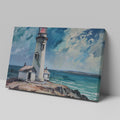 Framed canvas print of lighthouse on coastal rocks with dynamic sea and sky