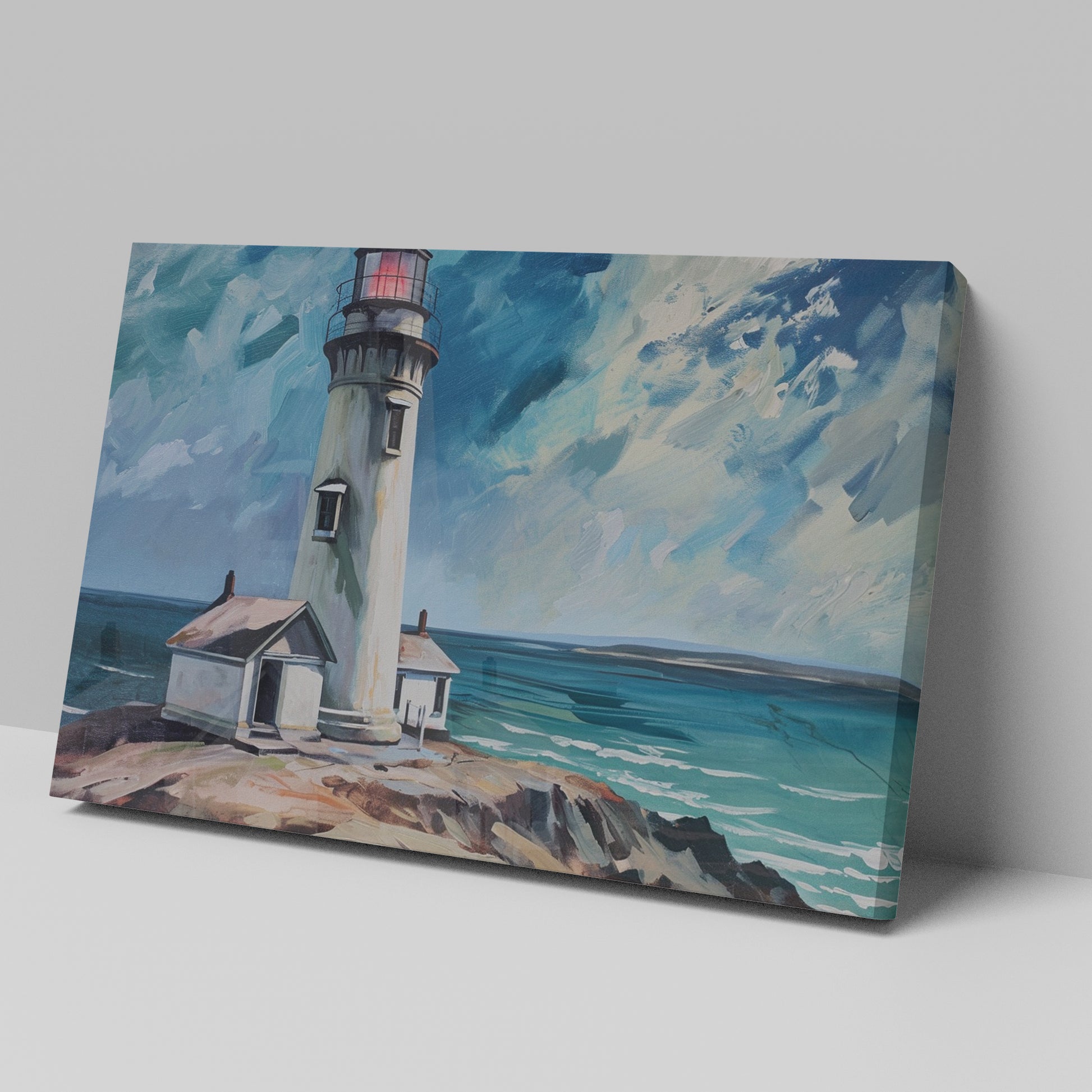 Framed canvas print of lighthouse on coastal rocks with dynamic sea and sky