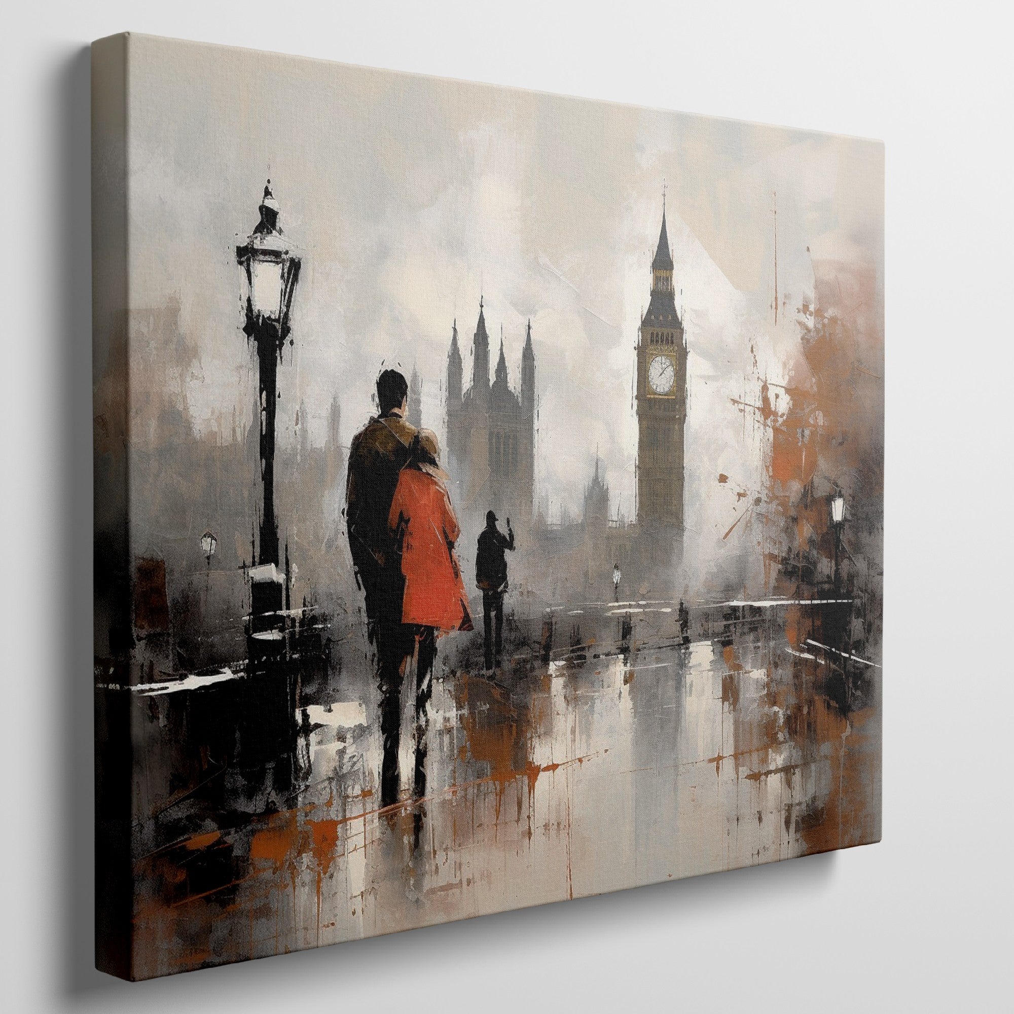 Framed canvas print of an abstract rainy London street scene with Big Ben in the background