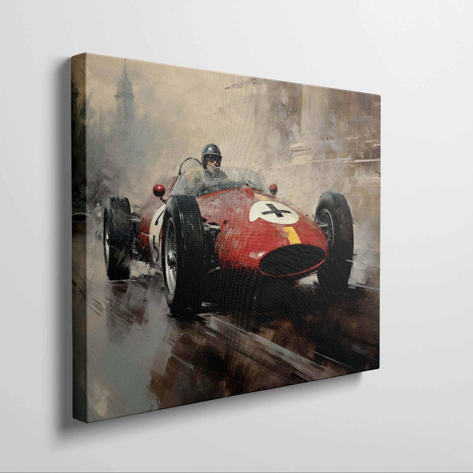 Framed canvas print of a vintage formula racing car in action with warm tones.