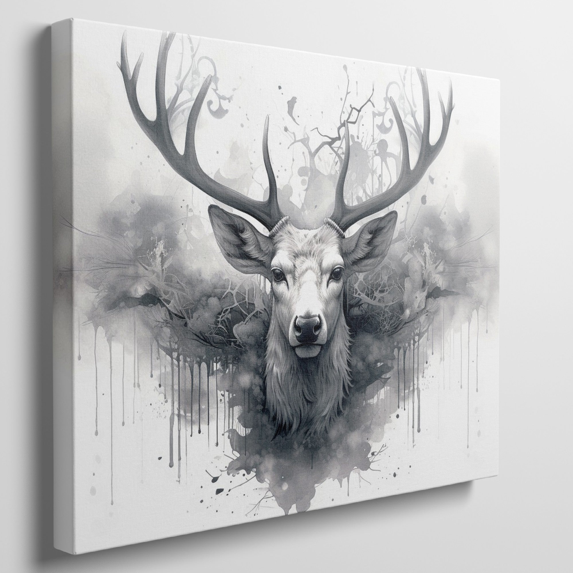 Framed canvas print of a mystical monochrome stag with abstract ink splash design