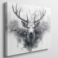 Framed canvas print of a mystical monochrome stag with abstract ink splash design