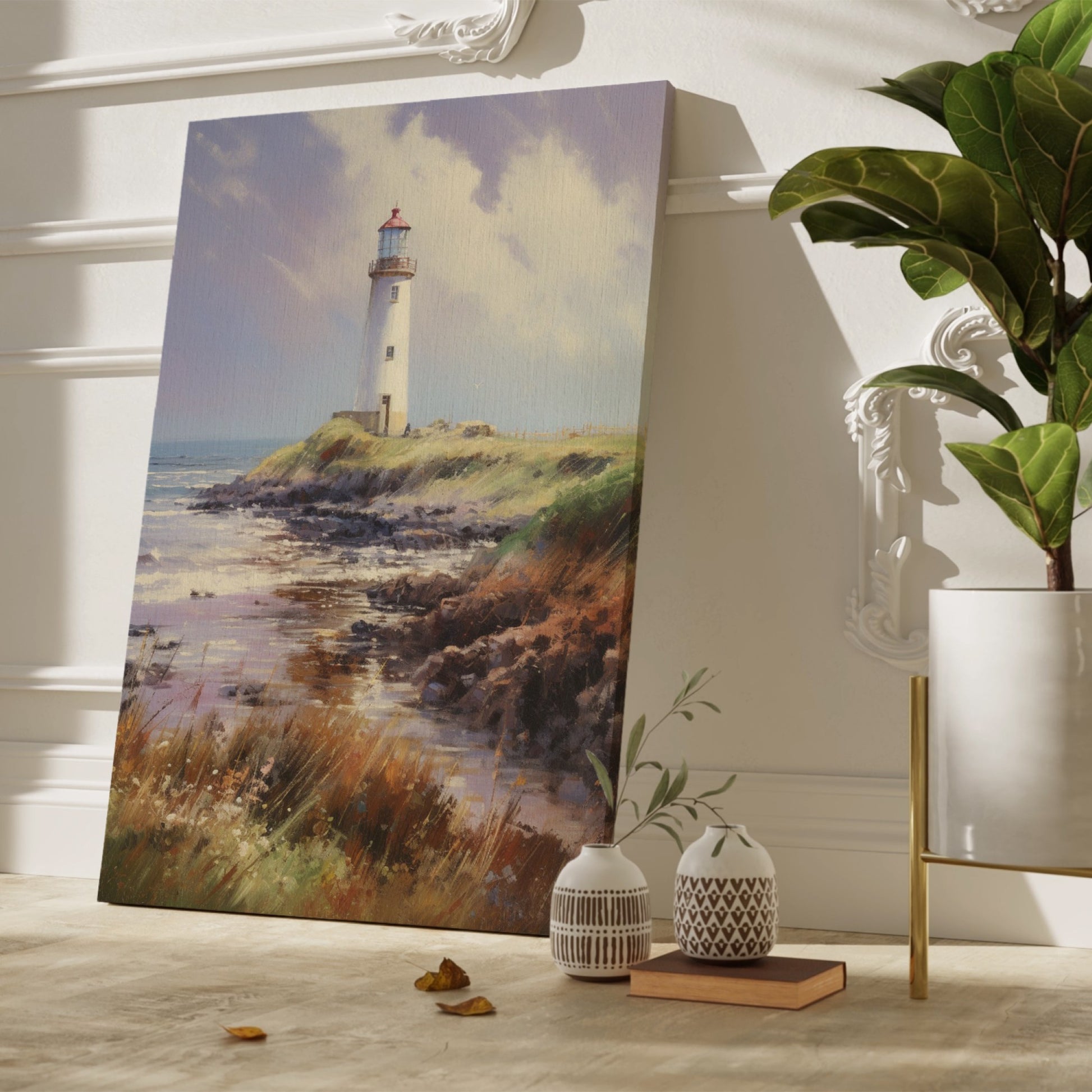 Framed canvas print of a tranquil coastal scene with a lighthouse on a sunny day