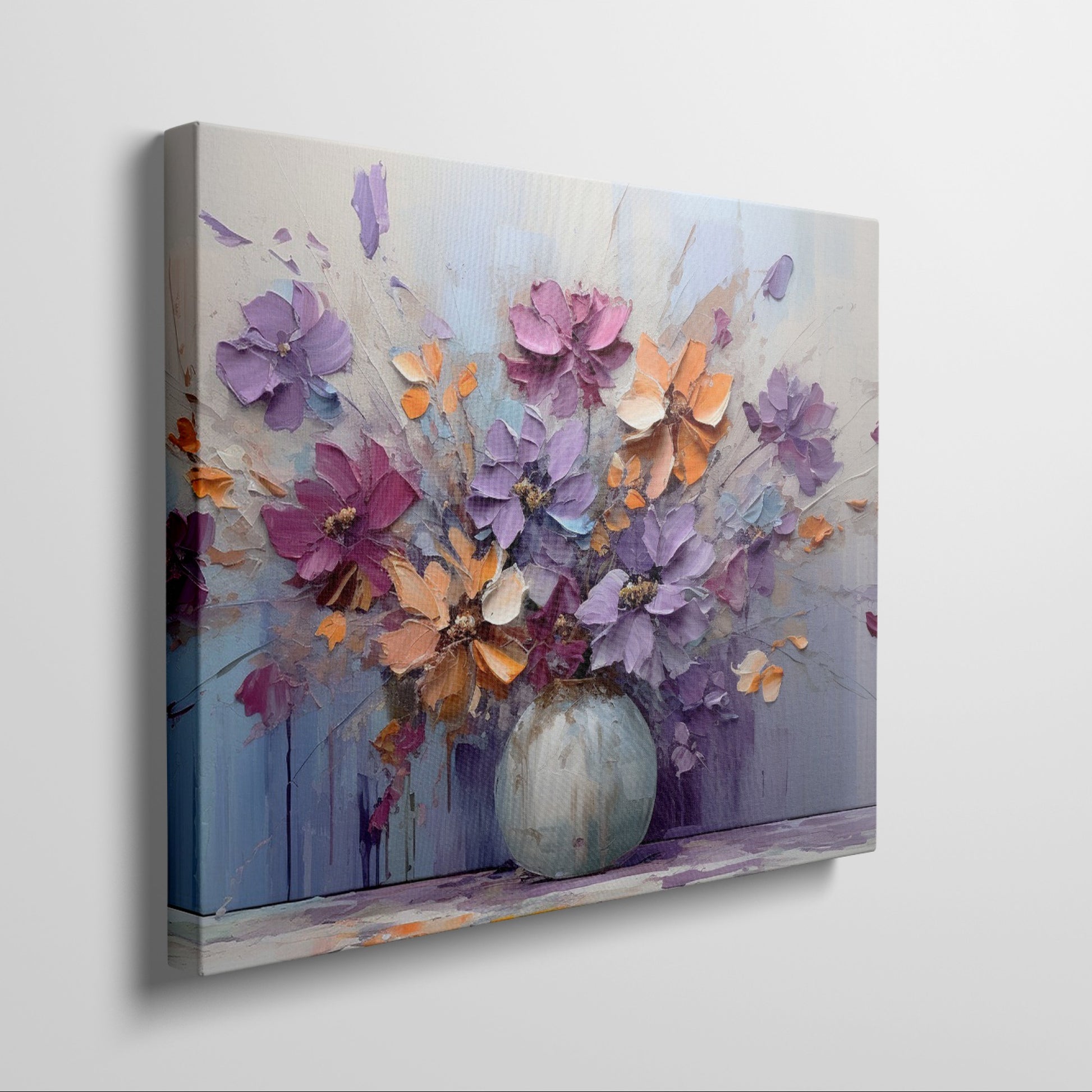 Framed canvas print of vibrant impasto floral artwork in purple, orange, and blue tones