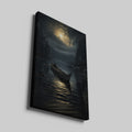 Framed canvas print of a serene moonlit scene with a person canoeing on a calm lake surrounded by forest