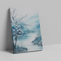 Framed canvas print of serene cherry blossoms by a river in watercolour style