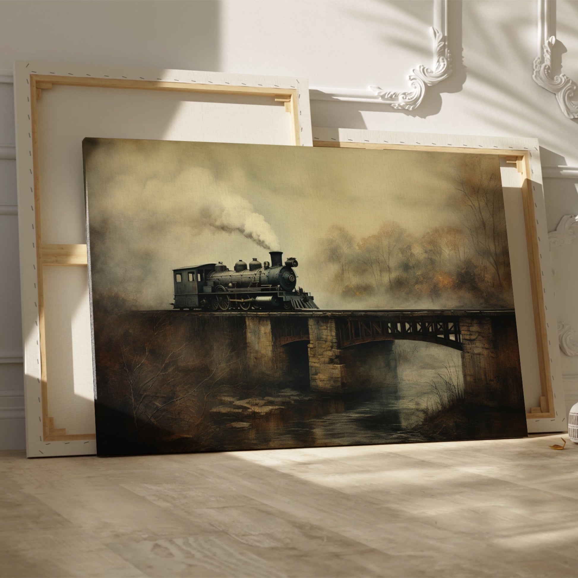 Framed canvas print of a vintage steam locomotive crossing a bridge amidst fog and autumnal trees