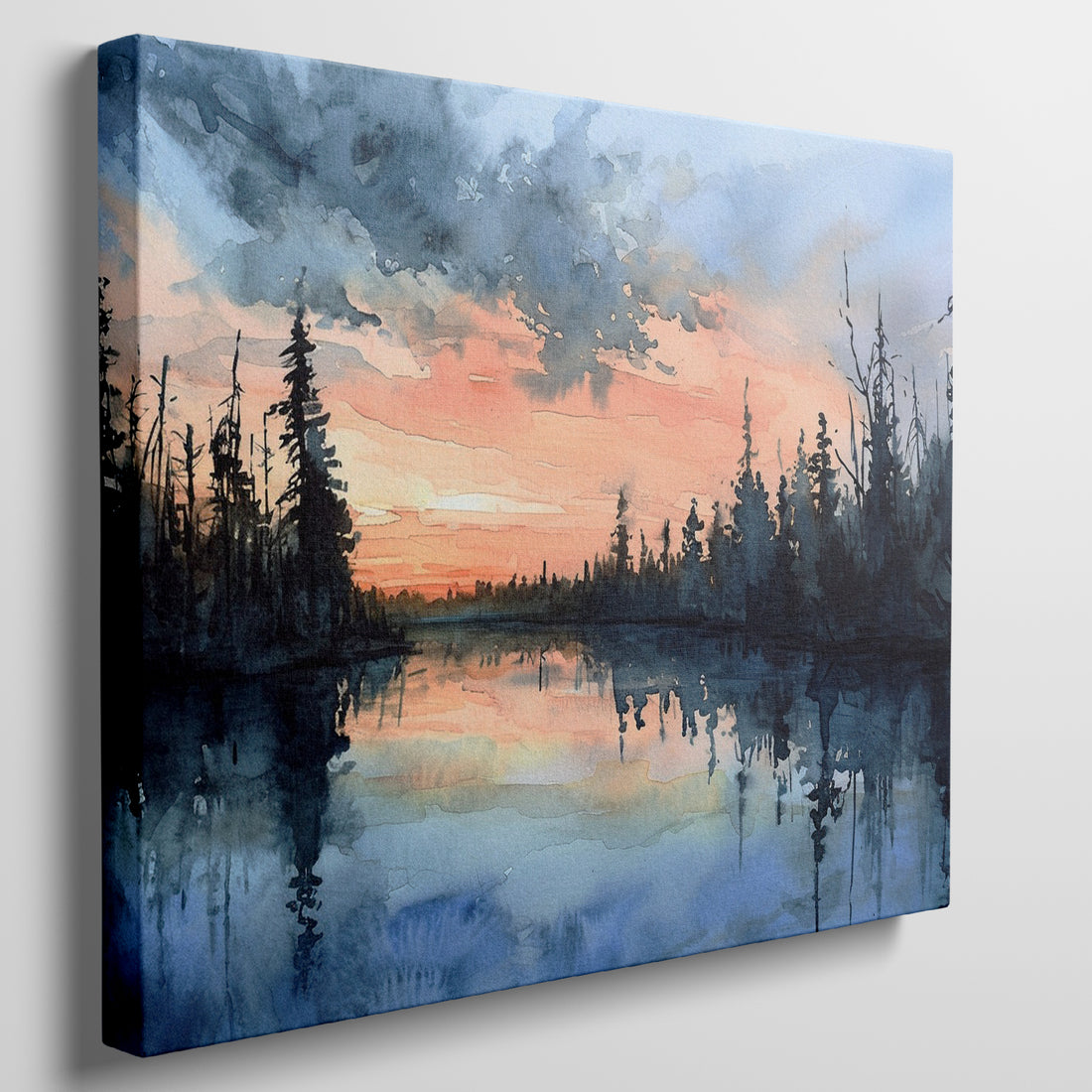 Framed canvas print of a tranquil watercolor landscape depicting a serene lakeside at sunset with reflections of woodland