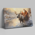 Framed canvas print of a mythical figure in red with a reindeer in a warm, snowy sunset landscape