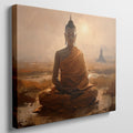 Framed canvas print of a serene meditating Buddha in golden sunset hues with temple silhouette