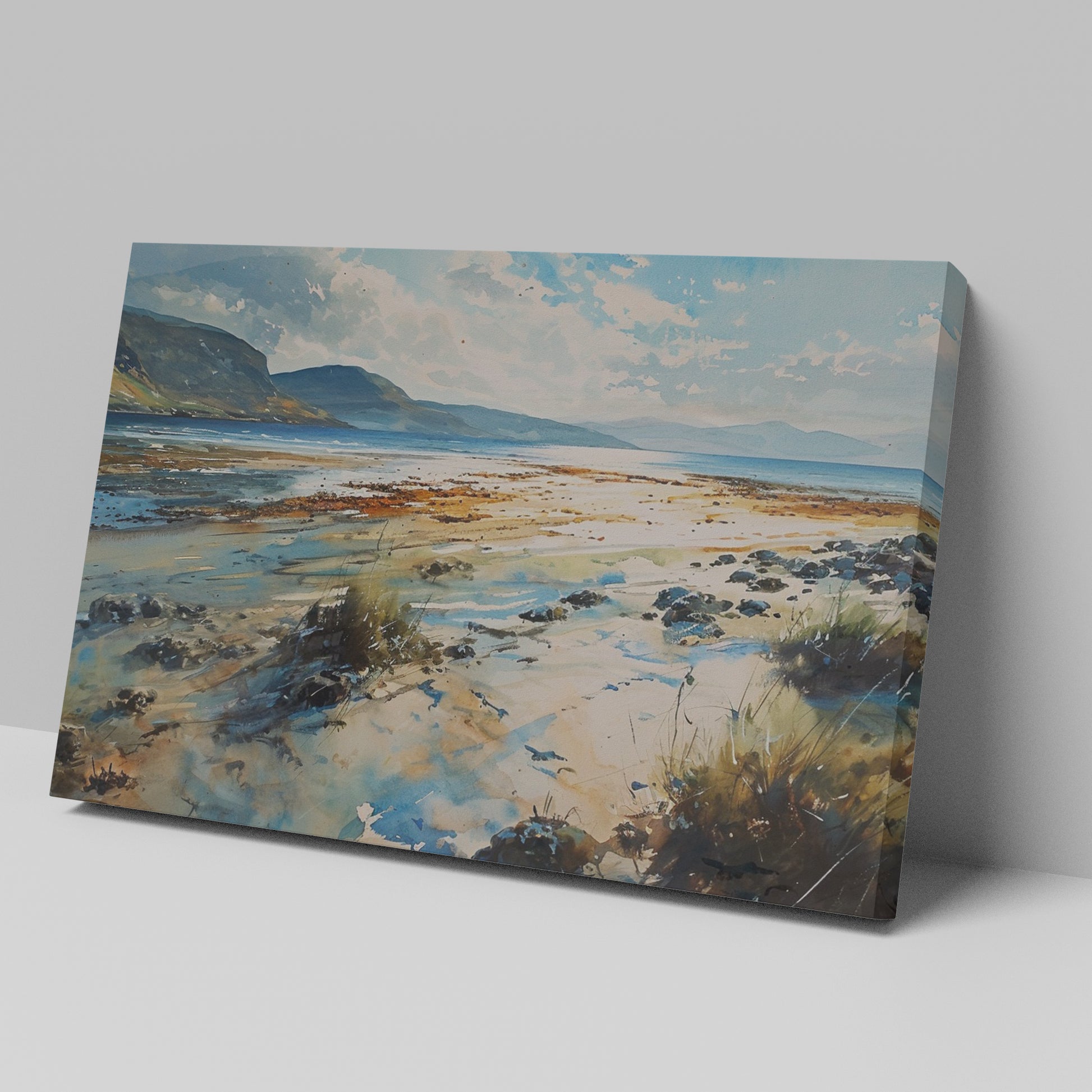 Framed canvas print of a serene watercolor painting depicting a scenic seaside landscape with vibrant blues and earthy tones