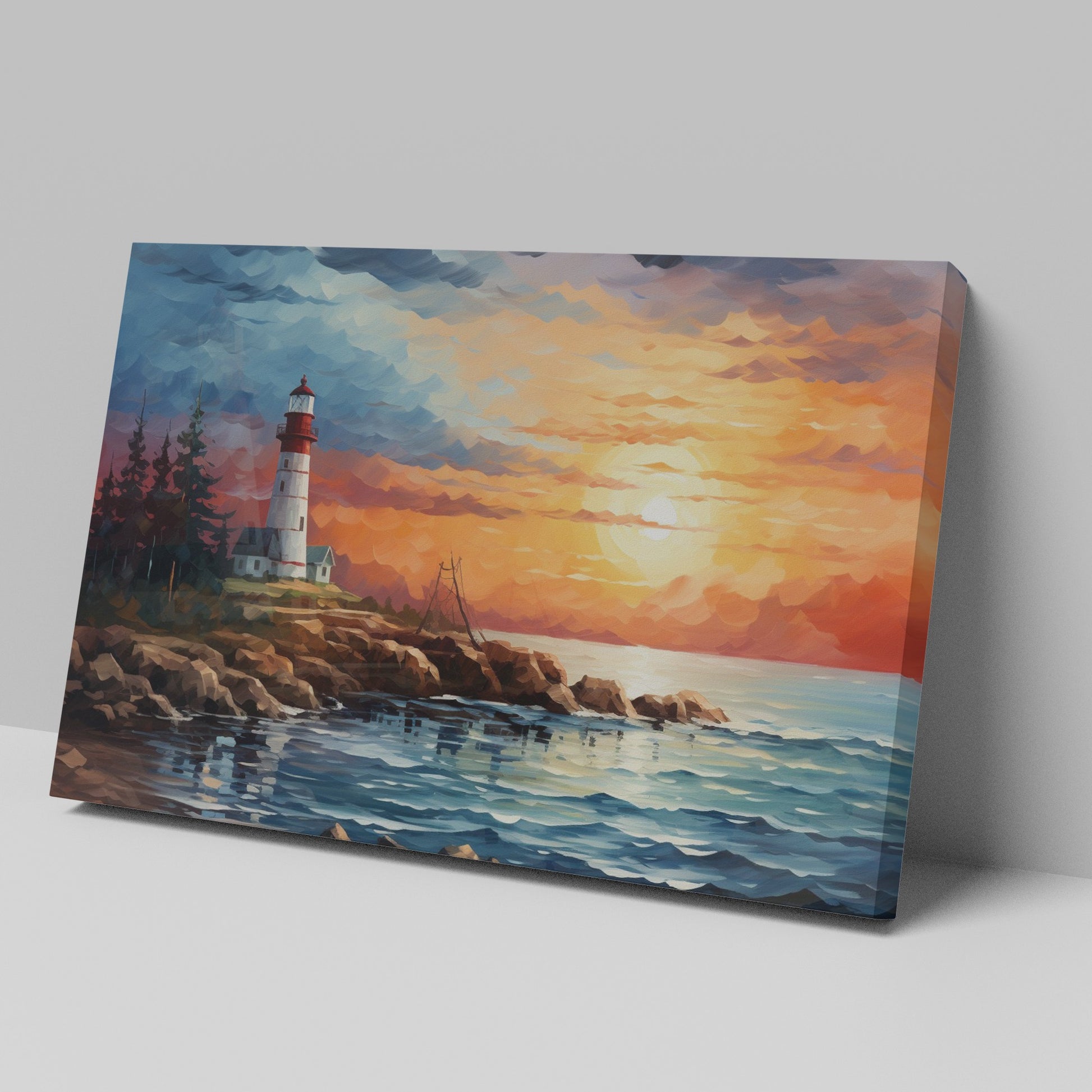 Framed canvas print of a vibrant impressionist sunset over a lighthouse and ocean