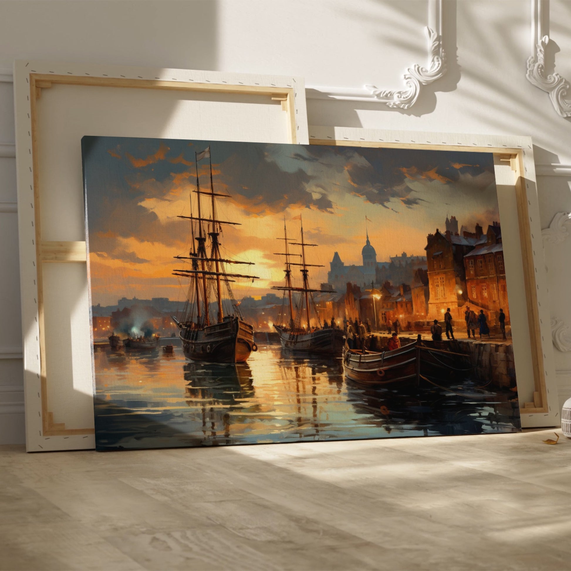 Framed canvas print of a historical port with sailing ships at sunset, featuring warm golden hues and reflective water