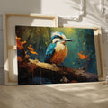 Framed canvas print featuring a vibrant digital art depiction of a kingfisher with autumnal elements